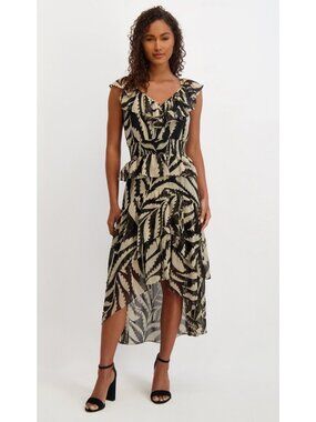 Kensie Womens Leaf Print Ruffle Midi Dress Size 12 Black & Beige Smocked Waist H